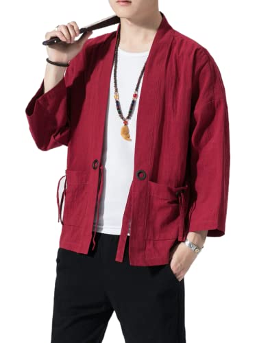 Image of Men's Japanese Kimono Cardigan Loose Cotton Linen 3 /4 Sleeve Open Front Casual Summer Shirt Jackets