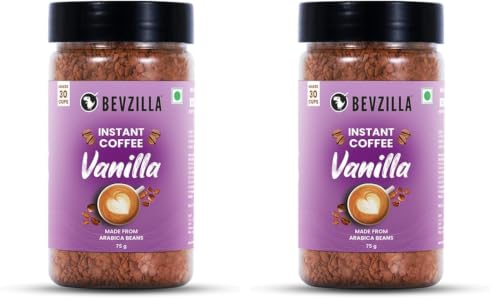 Image of Bevzilla 75g Vanilla Flavored Coffee Powder Jar | Premium Arabica Coffee | Ideal for Espresso, Latte & Cappuccino | Hot & Cold Coffee Brews (Pack of 2)