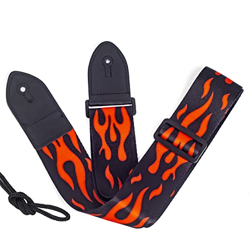 Sinbrlai Guitar Strap, Soft Polyester Cotton Red Flame Bass Guitar Strap Adjustable Length, Suitable For Bass, Electric, Acoustic Guitar #TOP28