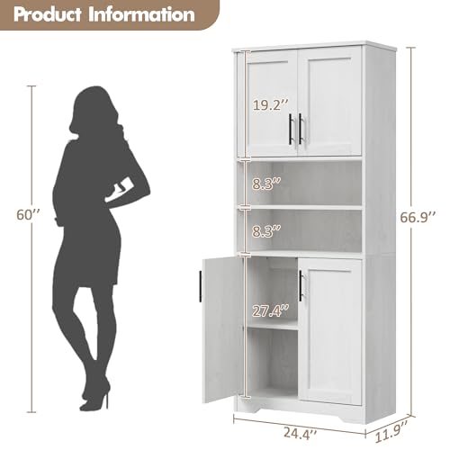 GarveeHome 67" Tall Storage Cabinet, Tall Bathroom Cabinet with 4 Doors and Adjustable Shelves, Freestanding Kitchen Pantry Cabinets, Cupboard for Living Room, Dining Room, Antique White
