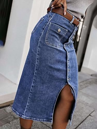 Flamingals Straight High Rise Vintage Botton Fly Split Thigh Midi Long Pencil Denim Skirt2