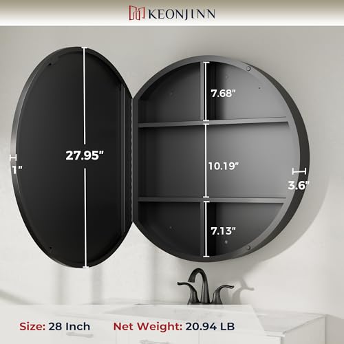 Image of Keonjinn 28 x 28 Inch Round Black Mirror Medicine Cabinet Wall Mounted, Circular Modern Medicine Cabinet with Mirror, Black Framed Medicine Cabinets with Mirror, Vanity Bathroom Mirrors with Storage