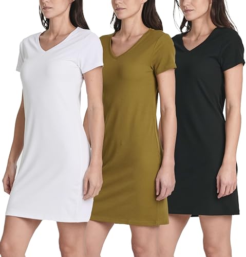 Image of Real Essentials 3 Pack: Women's Ribbed Knit Short-Sleeve V-Neck Swing T-Shirt Casual Dress (Available in Plus)