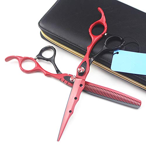Tijeras de peluquería Profesionales de Acero Rojo de 7 Pulgadas para Cortar el Cabello. Juego de Tijeras de entresacar para barbería.