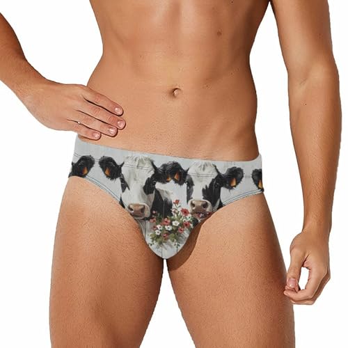 Funny Cows Painting Printed Swim Briefs for Men Sexy Bikini Swimwear Elastic Beach Trunks Bathing Suit