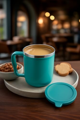 Image of XMART India Insulated Stainless Steel Coffee Mug with Lid - 300ml Double Wall Tea & Milk Mug for Travel, Home, Office, Restaurant Stylish, Leakproof, Drinkware Gifts for Woman,Man (1, Teal)
