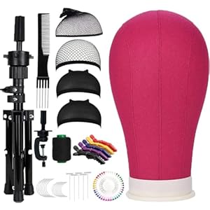 23 Inch Canvas Block Head Mannequin Wig Head (Rose Red), Wig Stand Tripod with Head, Mannequin Head Wig Display Styling Head With Mount Hole, Manikin Canvas Head Block Set for Wigs Making Display