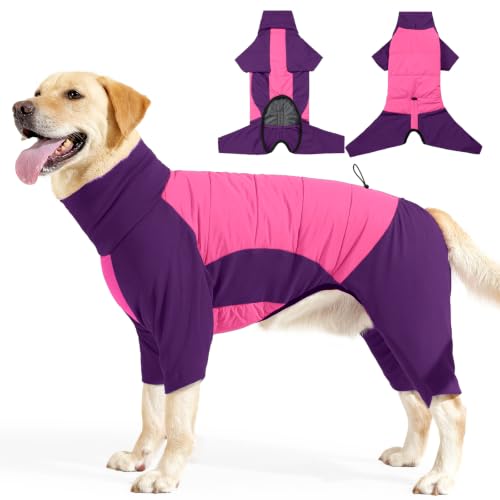 Image of BRKURLEG Full Body Dog Winter Coat Warm Fleece Pullover Pajamas, Four Legs Covered Windproof Dog Jacket for Small to Large Dogs, Turtleneck Dogs Snowsuit, Pet Cold Weather Clothes, Pink Purple XL