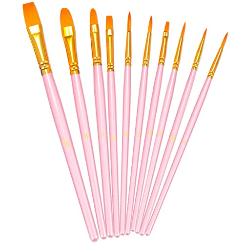 Bosobo Paint Brushes Set, 10 Pieces Round Pointed Tip Paintbrushes Nylon Hair Artist Acrylic Paint Brushes For Acrylic Oil Watercolor, Face Nail Body Art, Miniature Detailing & Rock Painting, Pink #TOP2