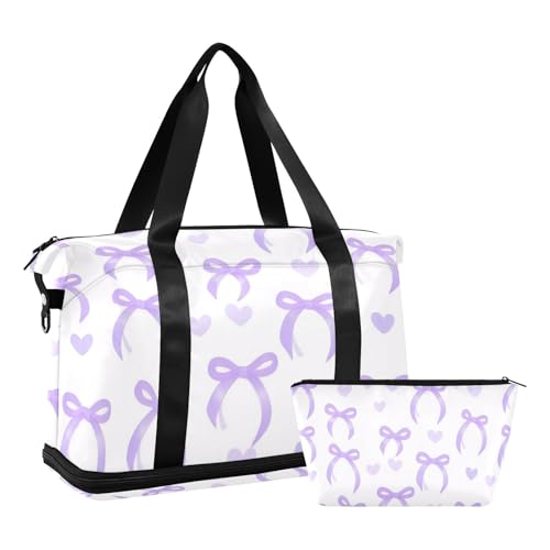 Purple Bow Love Gym Bag for Women Sport Travel Duffel Bag Shoulder Weekender Overnight Bags with Wet Pocket & Shoe Compartment