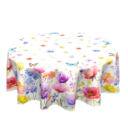 Vrysenium Spring Summer Floral Tablecloth Round 60 Inch Watercolor Flowers