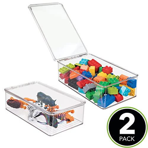 Mdesign Plastic Playroom/Game Organizer Box Containers With Hinged Lid For Shelves Or Cubbies, Holds Toys, Building Blocks, Puzzles, Markers, Controllers, Or Crayons, Ligne Collection, 2 Pack, Clear #TOP1
