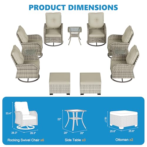 Image of 11-Piece Small Patio Furniture Set, Outdoor Swivel Rocking Chairs Set with Ottomans, Patio Bistro Set for Balcony, Deck, Porch,Ivory