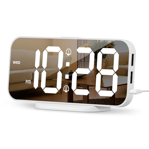 ALANAS Digital Alarm Clock with Dual Alarms, Mirror LED Bedroom Alarm Clocks for Kids, Adjustable Brightness, Snooze, 2 USB Ports for Cellphone Charging, 12/24 Hour Display., White