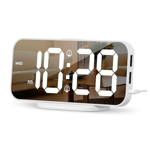 ALANAS Digital Alarm Clock with Dual Alarms, Mirror LED Bedroom Alarm Clocks for Kids, Adjustable Brightness, Snooze, 2 USB Ports for Cellphone Charging, 12/24 Hour Display., White