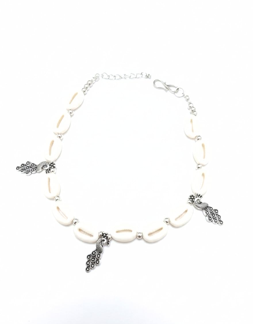 White Cowrie Shell Anklet with Peacock Charm – Boho Beach Style Foot Jewelry for Women & Girls-image-13
