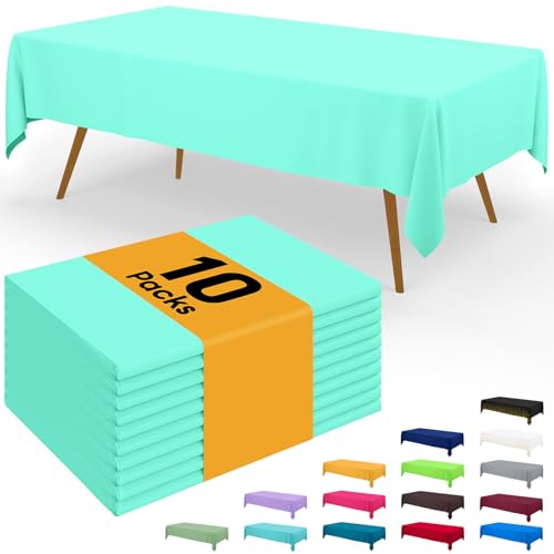 Image of Smiry Disposable Table Cloth - 10 Pack, 54 x 108 Inch Waterproof Rectangle Tablecloths for Parties, Decorative Plastic Table Cover, Leakproof & Sturdy, Mint Green