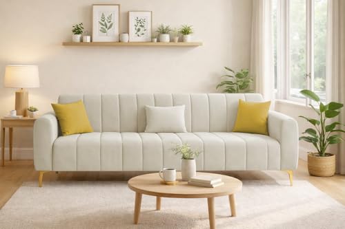 Image of Casaliving Velour Modern Velvet Sofa, Tufted Design Upholstered 3 Seater Sofa Set for Living Room, (Cream Colour) Premium Velvet Fabric Sofa | Easy to Clean