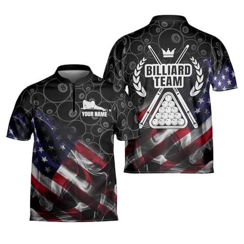 Personalized Billiard Bowling Jersey 3D Billiard Shirt Custom Billiard Flag Shirt Men's Pool Billiards Shirt 8 Ball Men Women (BiL14, Polyester Blend)