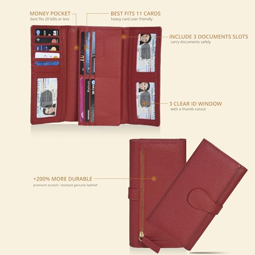Image of Real Leather Women Wallet Leather with RFID Blocking -Trifold Card Holder Designer Ladies Clutch with ID Window Wallets