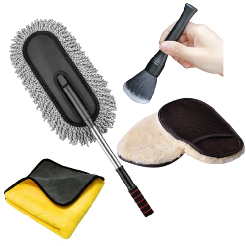 Image of VARNIRAJ Car Cleaning Kit, 4 PCS Combo with Car Duster, Cleaning Brush, Wash Mitt, and Microfiber Towel for Interior and Exterior Detailing