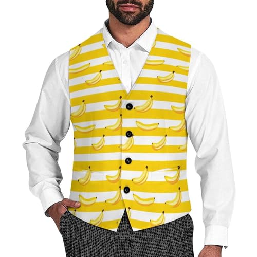 Banana Yellow White Stripes Suit Vest for Men Waistcoat Dressy V Neck Button Down Sleeveless Business Jacket Coat