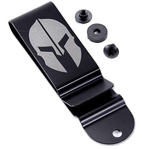 Universal Metal Belt Clip - (Black) - (w/Spartan Helmet Engraving) - (w/Mounting Hardware) - (1 Pack) - Replacement Steel Clip for Holsters, Sheaths, Phone Cases