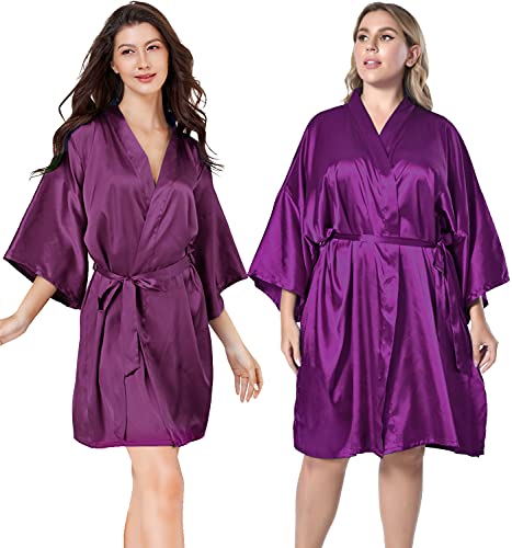 EPLAZA Women Silky Satin Robe Wedding Bridal Party Bride Bridesmaid Robes Kimono Loungewear Dressing Gowns (Purple, Tag LXL)