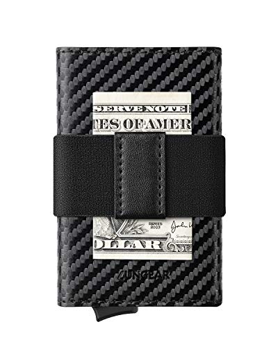 LUNGEAR Tarjetero Hombre de Cuero con Banda Clip de Dinero RFID Bloqueo Pequeñas Cartera Tarjetero Billetera Automatico - Fibra de Carbon