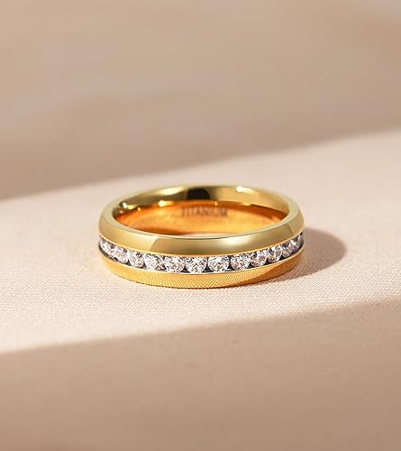 TIGRADE 6mm Gold Titanium Ring Cubic Zirconia Engagement Ring Wedding Band Size 4 to 12.53