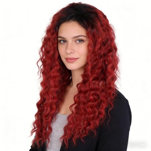 Image of GNIMEGIL Womens Long Curly Wig Vibrant Red to Black Ombre, Full Voluminous Curls, Synthetic Fiber Hairpiece for Cosplay, Halloween, Parties & Photoshoots