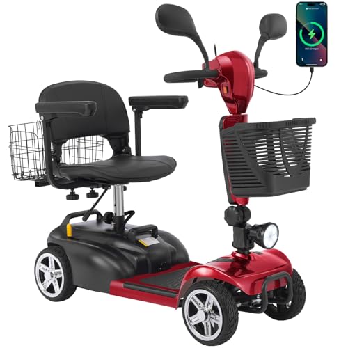 15-30 Miles 4 Wheels Mobility Scooter for Adults/Seniors, 350W Powered & 8/9″ tire Electric Wheelchair Device w/Removeable Battery, 2*Baskets/Rear Tail Lights, Compact Duty Mobile for Elderl
