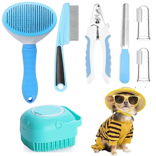 Image of Qubccum 7pcs Pet Grooming Kit, Self-Cleaning Brush Shedding Kit with Nail Clipper, Flea Comb, Shampoo Bath Brush, Finger Toothbrush, Storage Bag (Blue)