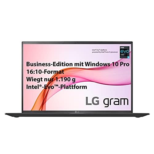 LG gram 16 Zoll Ultralight Notebook Business Edition - 1,19 kg leichter Intel Core i5 Laptop (16GB LPDDR4, 512GB SSD, 22 h Akkulaufzeit, WQXGA IPS Display, Thunderbolt 4, Windows 10 Pro) - Schwarz