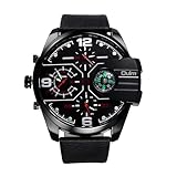 OIDEA Herren Armbanduhr Leder Sportuhr: Schwarz Lederband Quarz Analog Herrenuhr mit 3 Zeitzonen Rot Zeiger Zifferblatt Kompass Dekor Geschenk für Männer Vater Familie Freund