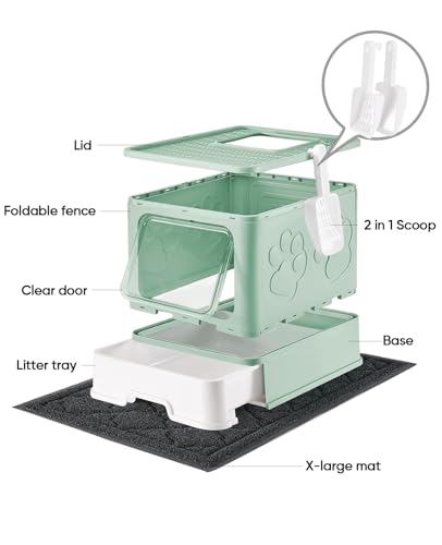 Image of Medario Cat Litter Box with X-Large Litter Mat and Scoop, Large Covered Litter Box with Lid, Enclosed Kitty Box,Front Top Entry Exit, Odor Control Easy to Clean (Upgrade Green)