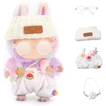 4pcs Doll Clothes Set for 17cm Blind Box Figures,Hat and Overalls Glasses Set for 17cm Plush Pendant Blind Box,Blind Box Figures Outfits Accessories White