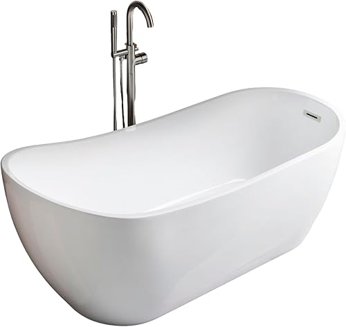 WOODBRIDGE Bañera de acrílico independiente de 67 pulgadas, bañera blanca de remojo contemporáneo con desbordamiento y drenaje de níquel cepillado,