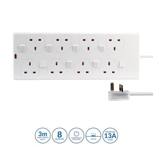 Pro Elec PEL00034 8 Way Individually Switched Extension Lead, 3 m, White, 3m - Image 2