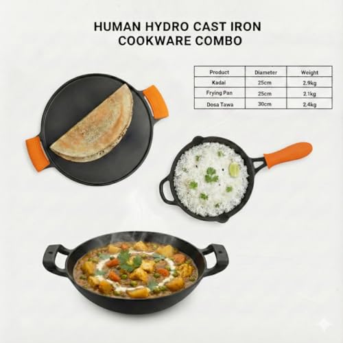 Image of Human Hydro Premium Deliq Range Pre-Seasoned Cast Iron Cookware Combo | Kadai 25cm, Tawa 30cm & Fry Pan 25cm with Silicone Grips | Naturally Non-Stick, Toxin-Free & Induction Compatible