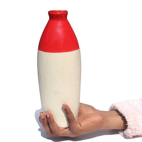 Image of Pure Source India Handcrafted Red Ceramic Bottle-Shaped Flower Vase (9.75 Inches) for Home Decor, Living Room, Gifting, Decorative Small Vase (Flower NOT Included)