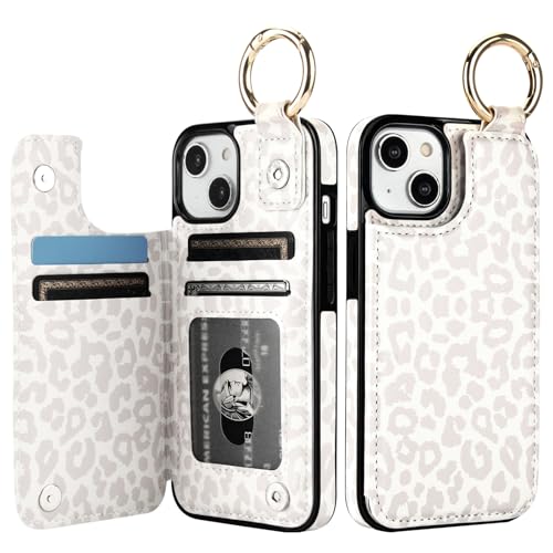 Image of HAOPINSH for iPhone 13 iPhone 14 Wallet Case with Card Holder, White Leopard Cheetah Print Back Flip Folio PU Leather Kickstand Card Slots Case, Finger Grip Ring Double Magnetic Shockproof 6.1 inch