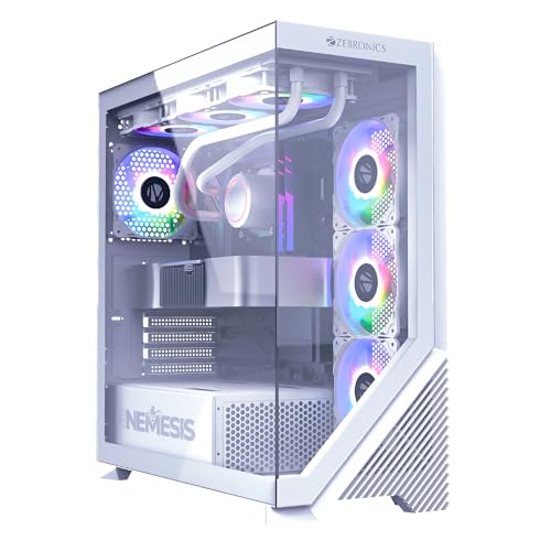 Image of ZEBRONICS Nemesis Premium Gaming Cabinet /Case, Mid-Tower, Supports ATX | mATX, 4X Center Infinity ARGB Fans, AIO Upto 360mm, LED Control Switch, Front + Side Tempered Glass, USB 3.0 (White)