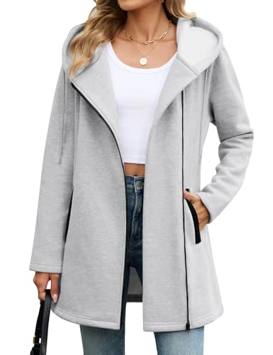 Vancavoo Fleecejacke Damen Sweatjacke mit Kapuze Übergangsjacke Hoodie Jacke Elegant Kapuzenpullover Frühling Herbst Lang Kapuzenjacke mit Taschen,Hellgrau,M