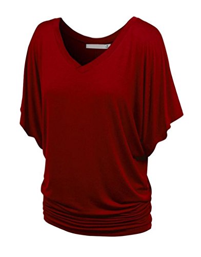 NiSeng Femme T-Shirt Manches Chauve-Souris V-Cou Décontracté Vrac Lâche Slim Shirt à Manches Courtes Vin Rouge XL
