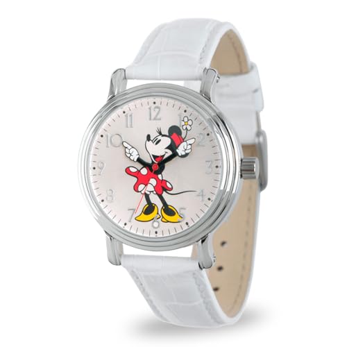 Disney Minnie Mouse Women's Silver Vintage Alloy Watch, White Leather Strap, W002759
