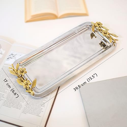 Image of BEHOMA Royal Rectangular Serving Platter, 15.5 inch | Rectangular stainless steel platter with brass leaf handle, 15.5 inch; elegant Durga Puja serveware.