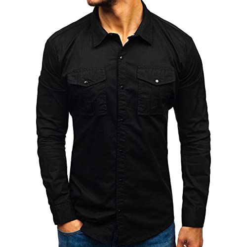 Men Long Sleeve Hiking Shirts Lightweight Tactical Button Down Cargo Shirt Solid Color Slim Fit Shirt with Pockets (Black,Large)