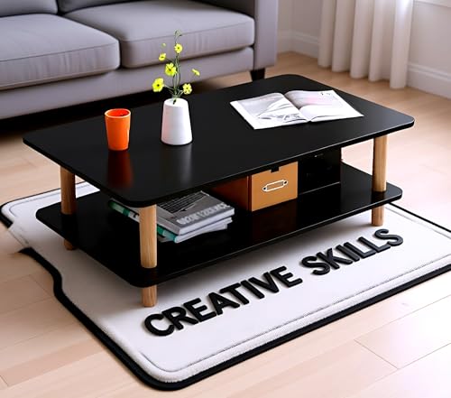 Image of Coffee Table - Rectangle Center Table for Living Room | Engineered Wood Tea Table with Storage | Stylish Teapoy Table for Hall, Lounge, and Office (Black)