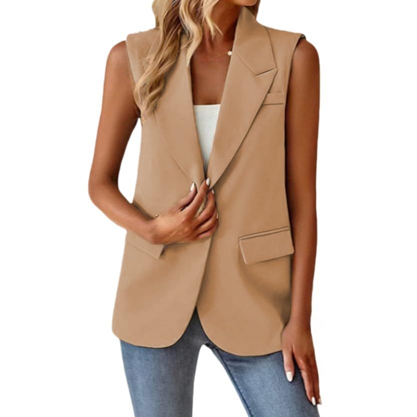 Chaleco De Mujer De Vestir,Blazer Sin Mangas para Mujer, Estilo Vintage, con Solapa con Muescas, Largo, para Oficina, con Forro Completo, Chaqueta De Un Botón con Bolsillos, Talla Grande, Color Caq